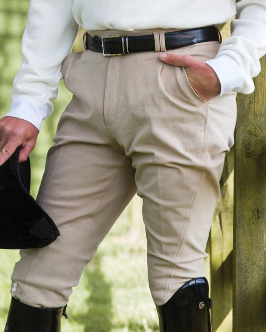 Equetech knäskodda mocka ridbyxor i strechigt twilltyg herr man halvskodda hopp dressyr