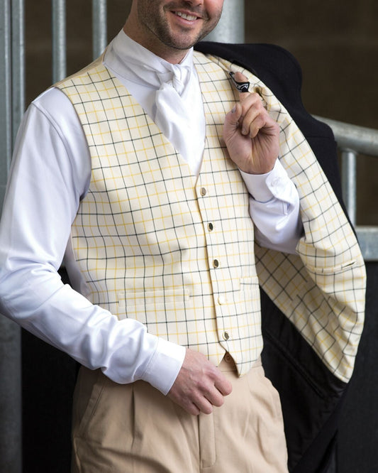 Equetech klassiskt engelsk twillväst traditionellt svart och gult tattersallmönster herr man ridväst
