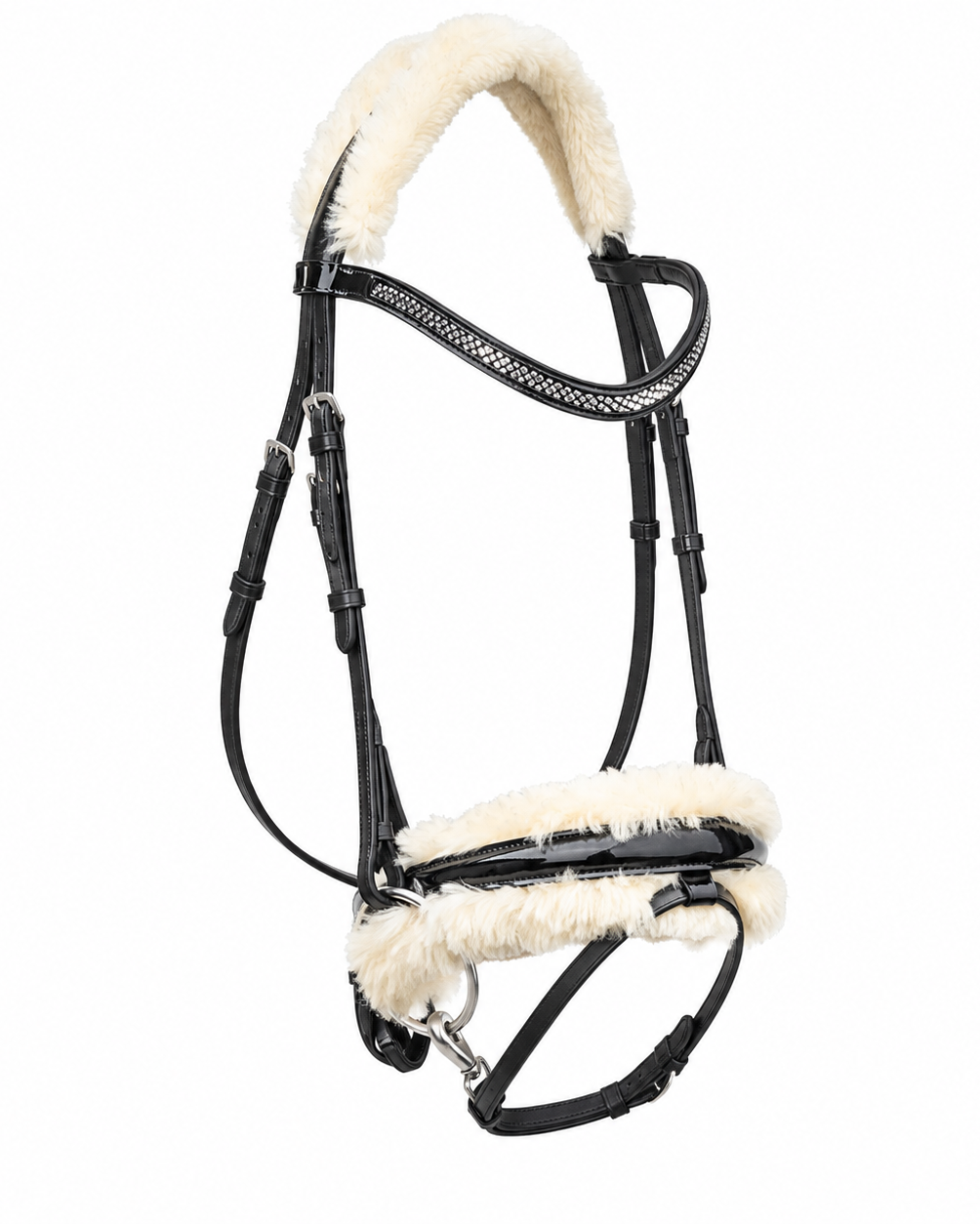 Bridle Kate, läderträns med strass och fuskpäls