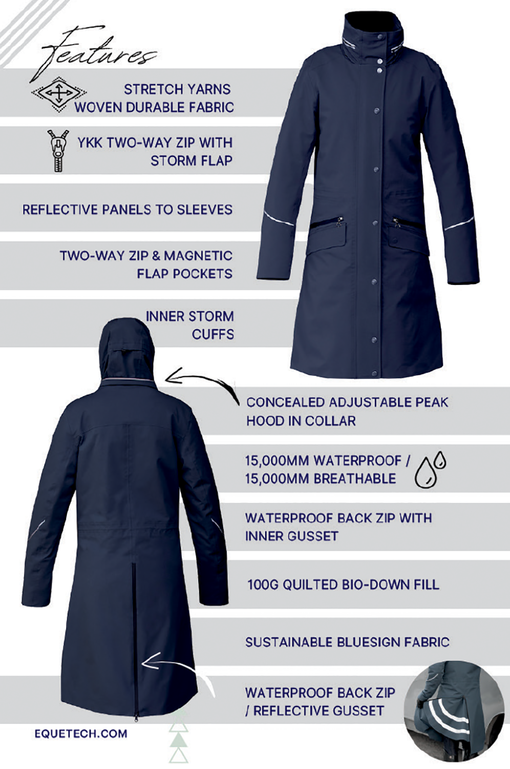 Equetech Utopia Long Waterproof Stretch Riding Coat, vattentät ridkappa med hållbar tillverkning